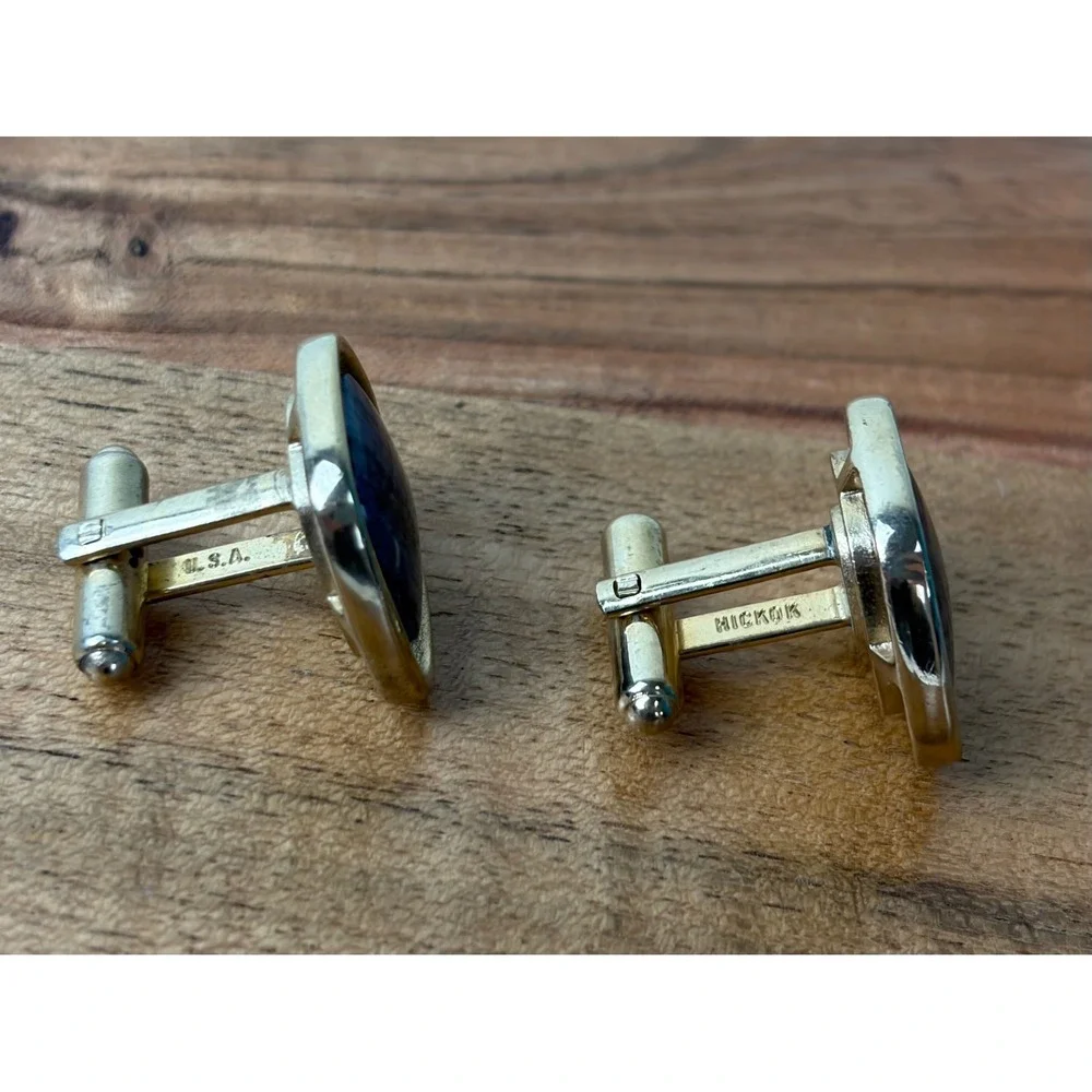 Hickok Cufflinks Blue Gray Gold Vintage MCM Marbled Stone Old Money Toggle